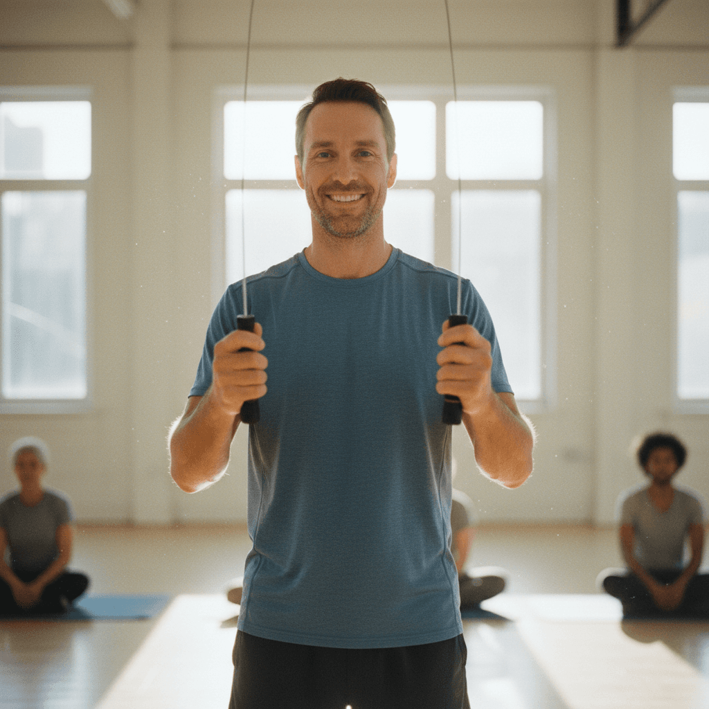 Un coach souriant montre comment tenir les poignées d'une corde à sauter