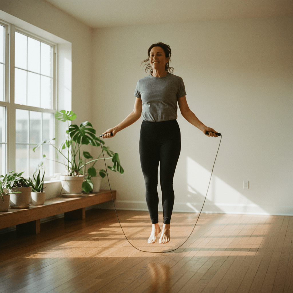 Une femme saute à la corde dans son salon, devant la fenêtre, un matin de semaine