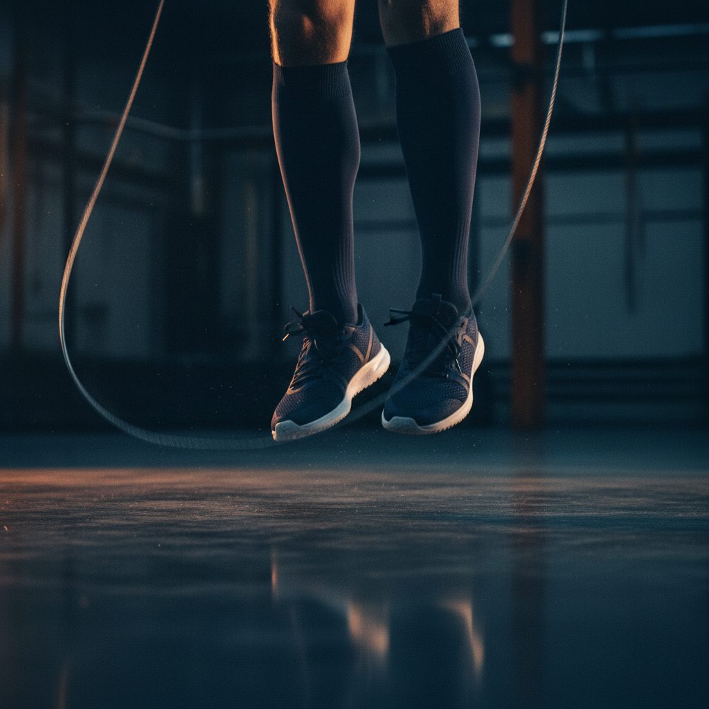 Des pieds en suspension au-dessus d'une corde, dans une pièce sombre