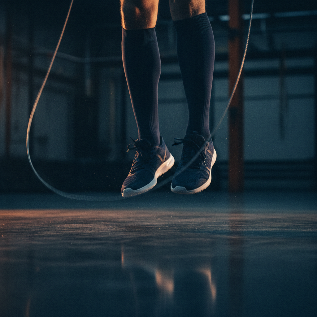 Des pieds en suspension au-dessus d'une corde, dans une pièce sombre