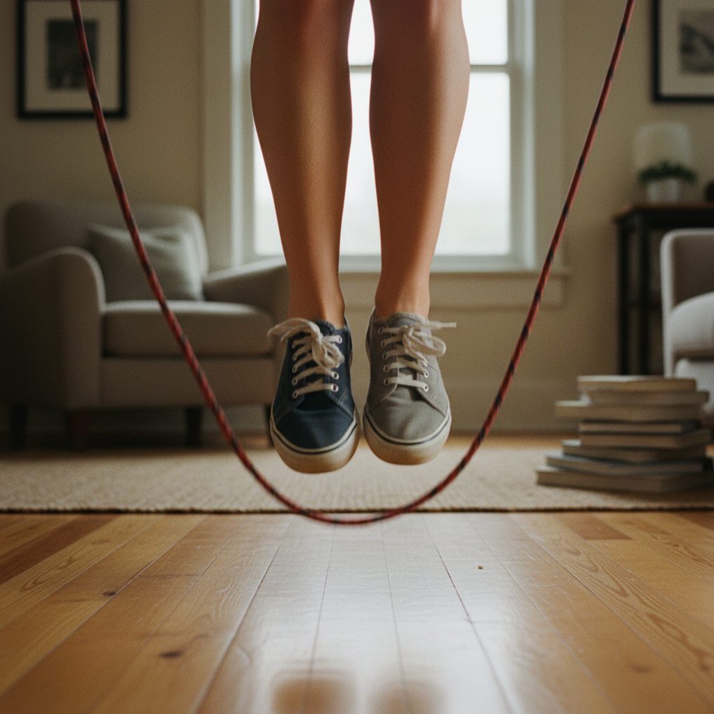 Des pieds sautent au-dessus d'une corde, dans un salon